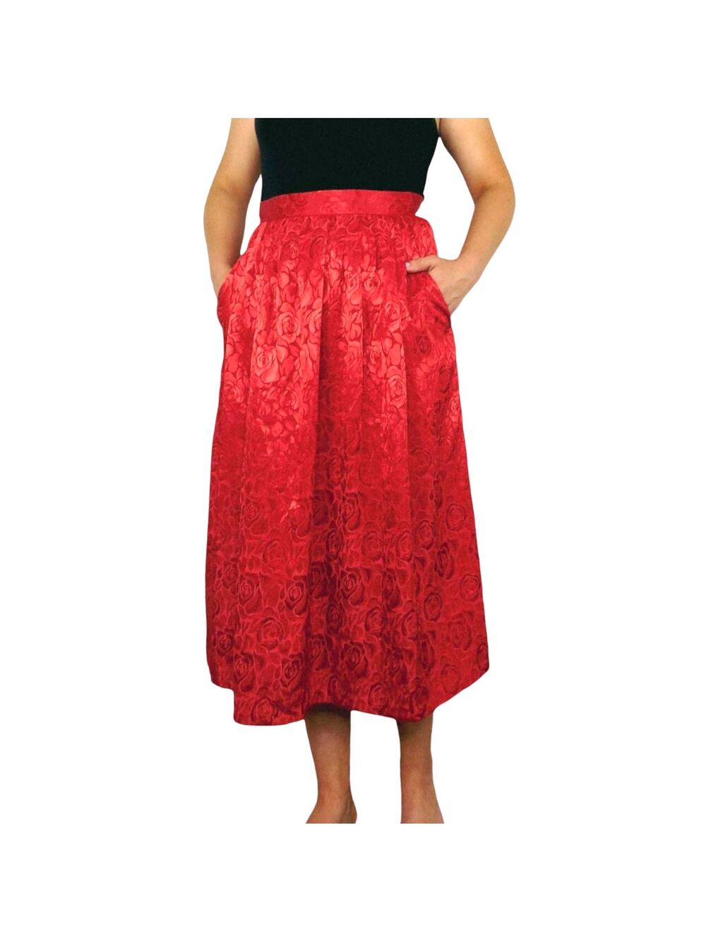 Ellen-D Kollection 1980s Vintage Red Satin High Rise A-Line Midi Skirt Medium